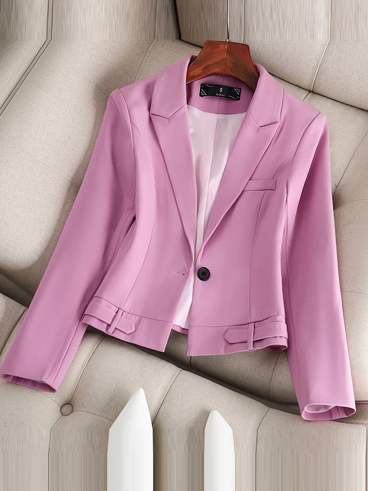 Large size Pink Short blazer 2023 Autumn Long sleeve Single button jacket Korean style Crop coat Office lady Black INKEO 3O079