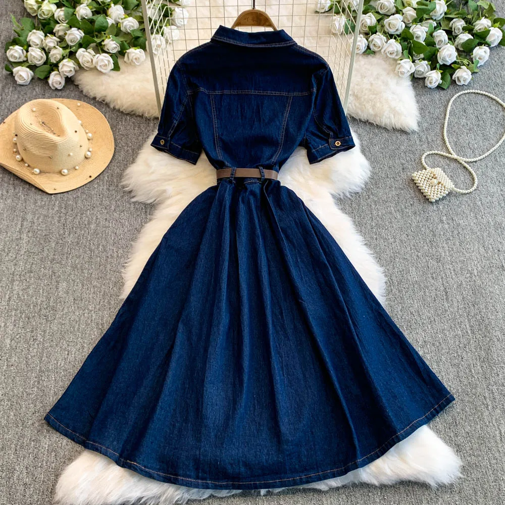 Women Denim Dress Spring Summer A-Line Mid-Length Short Sleeve
