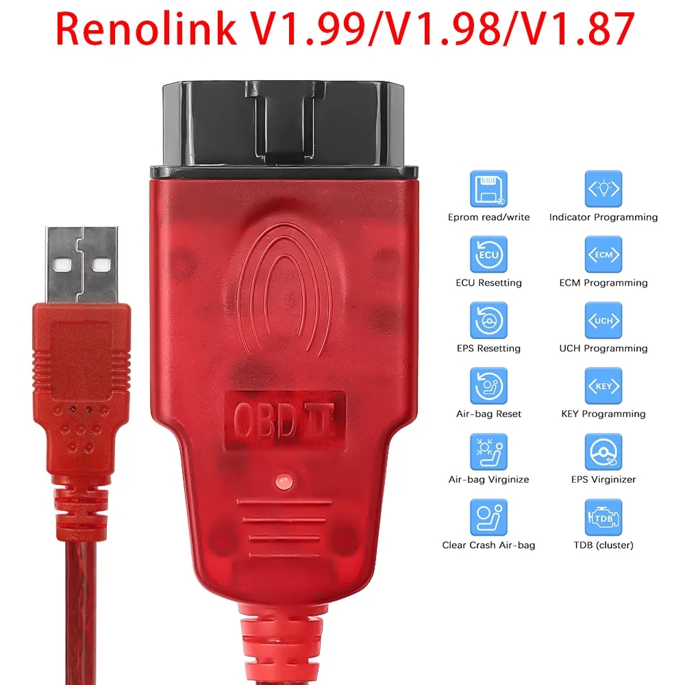 2024 New Renolink V1.99 For Renault OBD2 Auto Cable Airbag Reset/Key Coding Reno Link 1.99 OBD ECU Programmer Tool for Re-nault