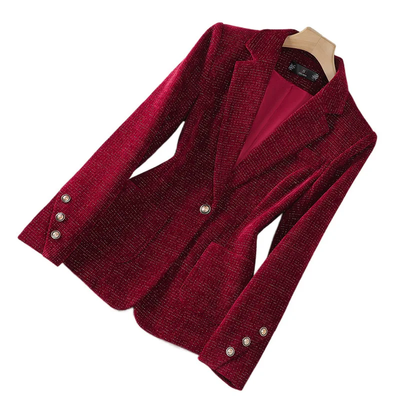 Spring Autumn Women Fashion Slim Gold velvet Long-sleeved Suit Jacket Commuting Business Casual Blazer coat