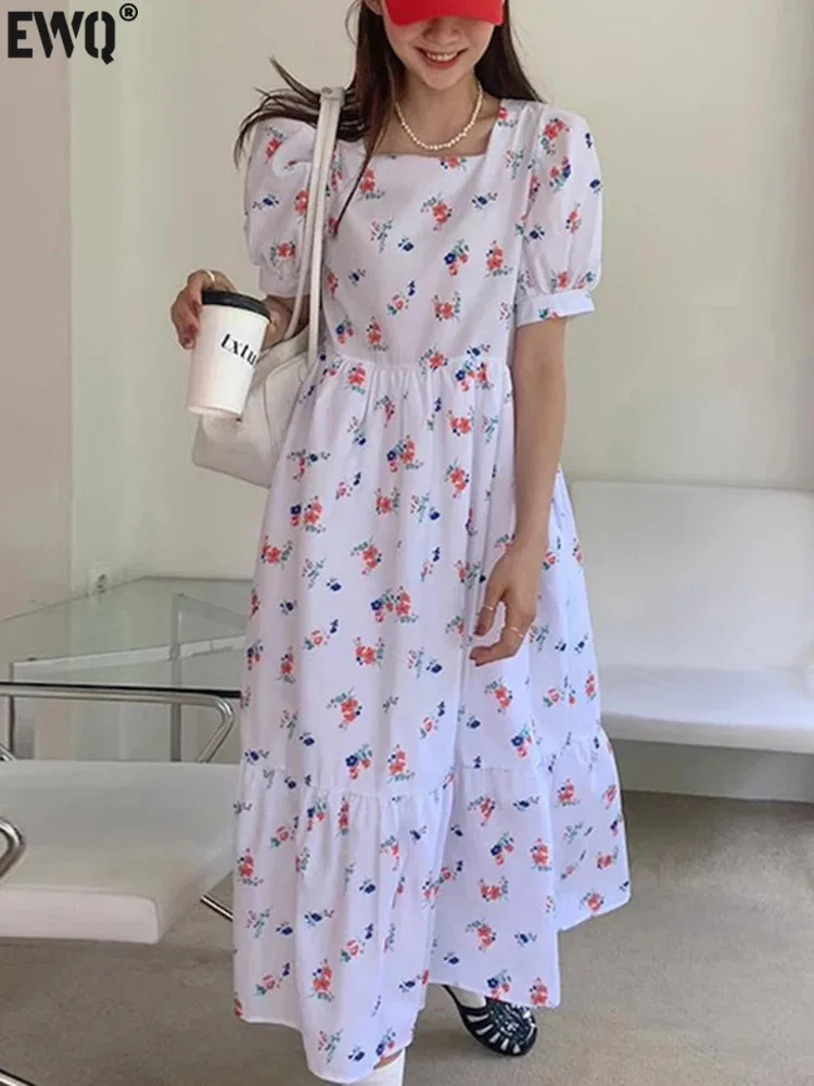 

[EWQ] Sweet Square Neck Loose Mid Length Bubble Sleeve Floral Dress For Women Elegant Casual Dresses 2024 Spring Summer 16U9113