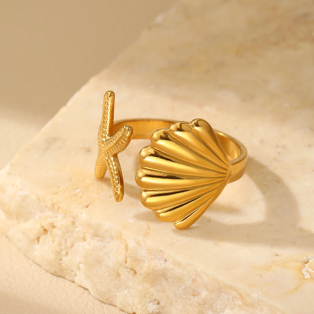 Stainless Steel Ring Light Luxury Premium Sea Life Collection Starfish Shell Ring For Women Jewelry Beach Vacation Accessories 5