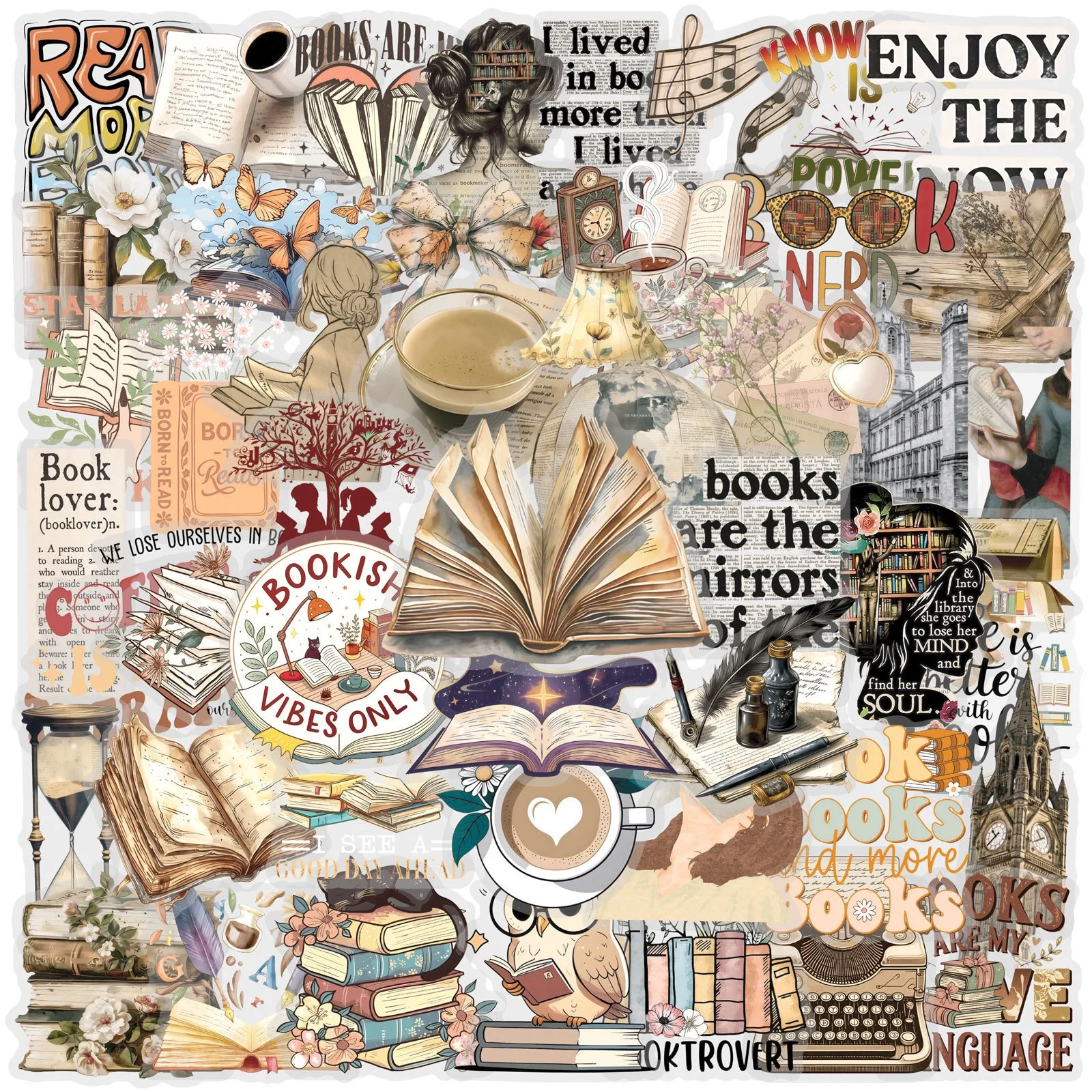 10/50pcs 레트로 책 읽기 책 학생을위한 투명 스티커 학교 시즌 선물 Scrapbooking 노트북 DIY 노트북 전화