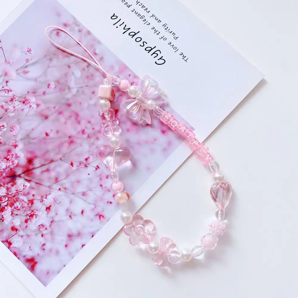 Pink Beaded Acrylic Phone Charm Wrist Strap Lanyard