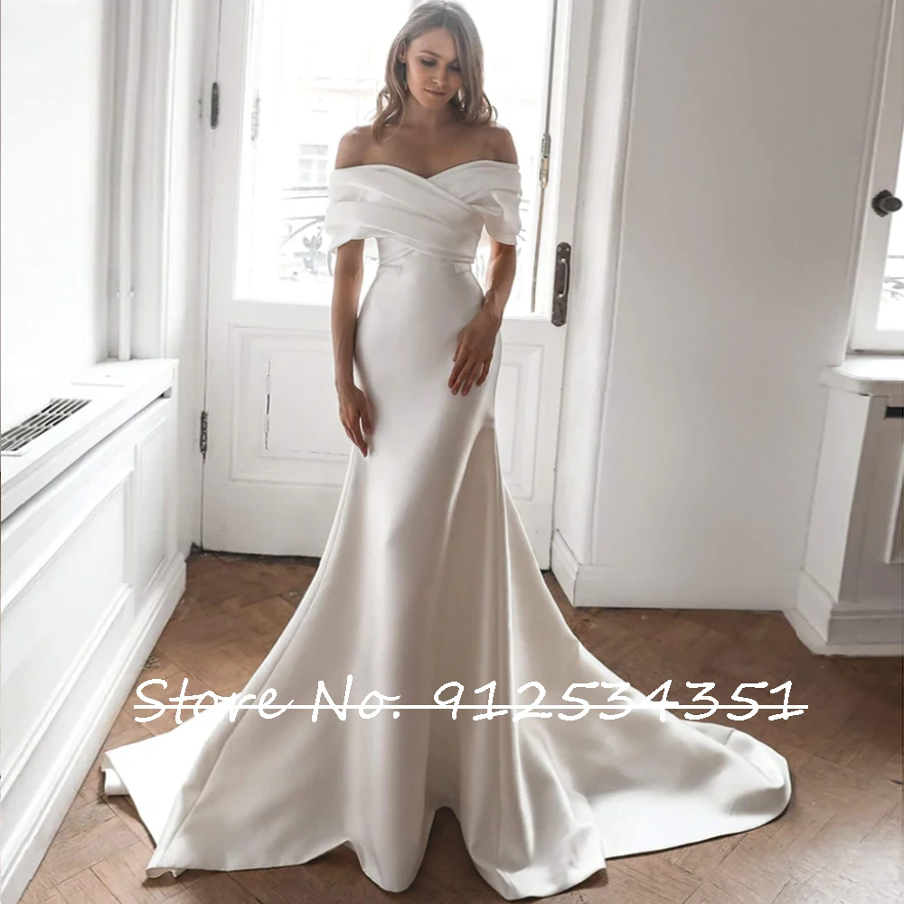 Vestidos De Novia Satin Mermaid Wedding Dresses with Detachable Train Classic Robes De Mariage Off the Shoulder Simple Trouwjurk 4