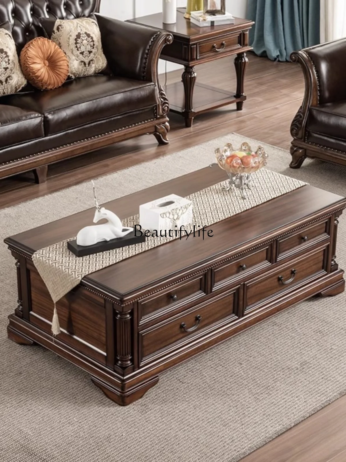 

Solid Wood American-Style Tea Table Small Apartment Living Room Storage Cabinet Rectangular Coffee Table with Drawer