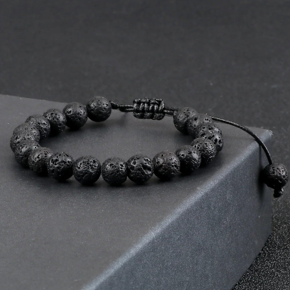 8mm Tiger Eye Stone Beads Bracelet Adjustable Braided Rope Bangles Natural Lava Rock Men Women Yoga