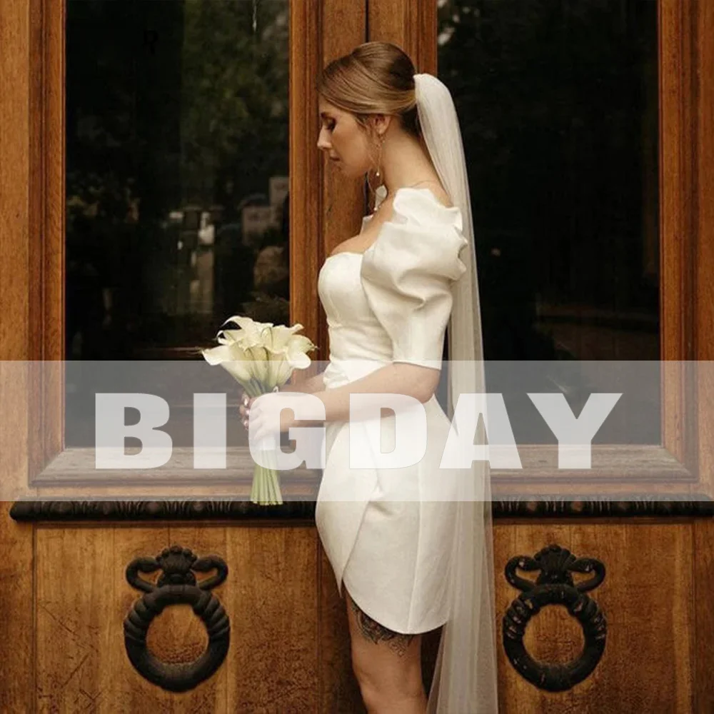 Elegant Short Wedding Dress 2025 Square Collar Puff Sleeve Pleat Open Back Satin Simple Bridal Gown Vestidos De Noiva Customized 2