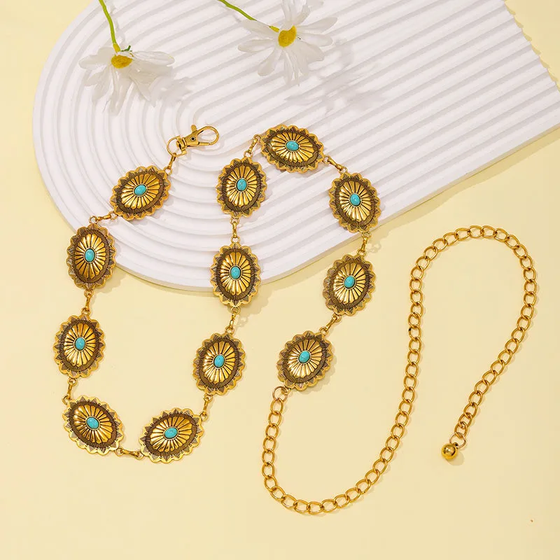 Retro-style female metal belt chain accessories, carved chain belt with decorative ring, advanced style accessories.