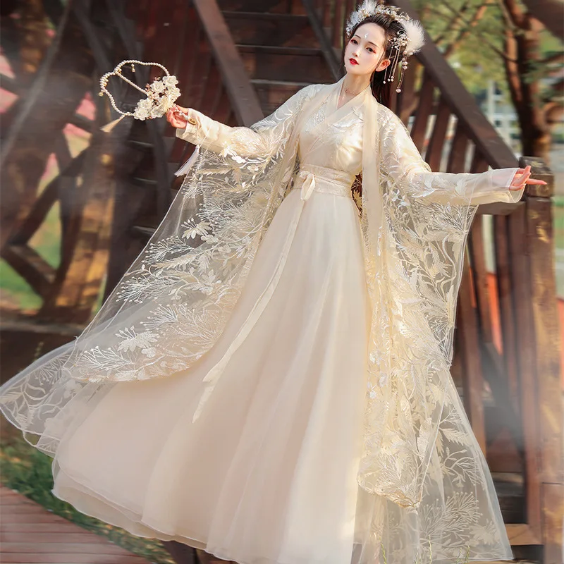 

Champagne Gray Color Lace Chinese Hanfu Costume Fairy Dress Cosplay Traditional Festival Diary Modern Clothing for Women Girl