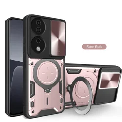Heavy Duty Rugged Armor Phone Case with Magnetic Bracket and Slide Camera Protection Cover for Honor 90 (JS pink)