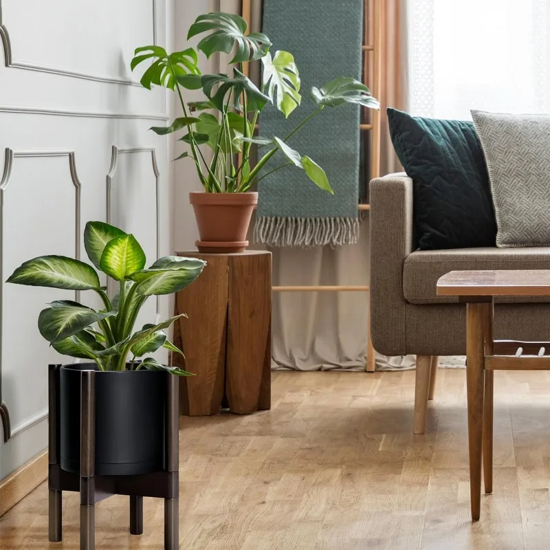 Planter Pot with Stand - 8 Inch Plastic Cylinder Flower Pot with Wood Planter Holder for Indoor, Matte Black Pot + 3