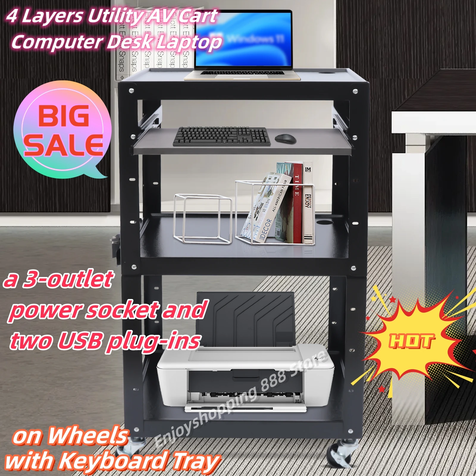 4 Layers Utility AV Cart Computer Desk Laptop Work on Wheels with Keyboard Tray Home Office Max.66lbs uniqlo utility work брюки карго