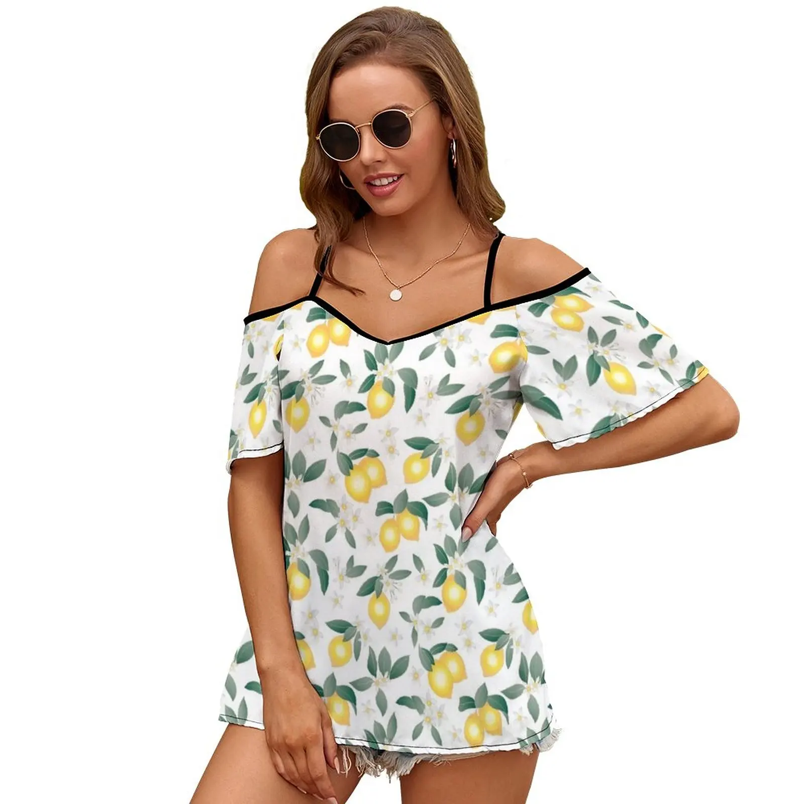 Limoni Su Bianco Sexy E Club Moda Femminile T-Shirt Manica Corta Spalle Scoperte Lady T Shirt Limoni Limone Modello Limoni E