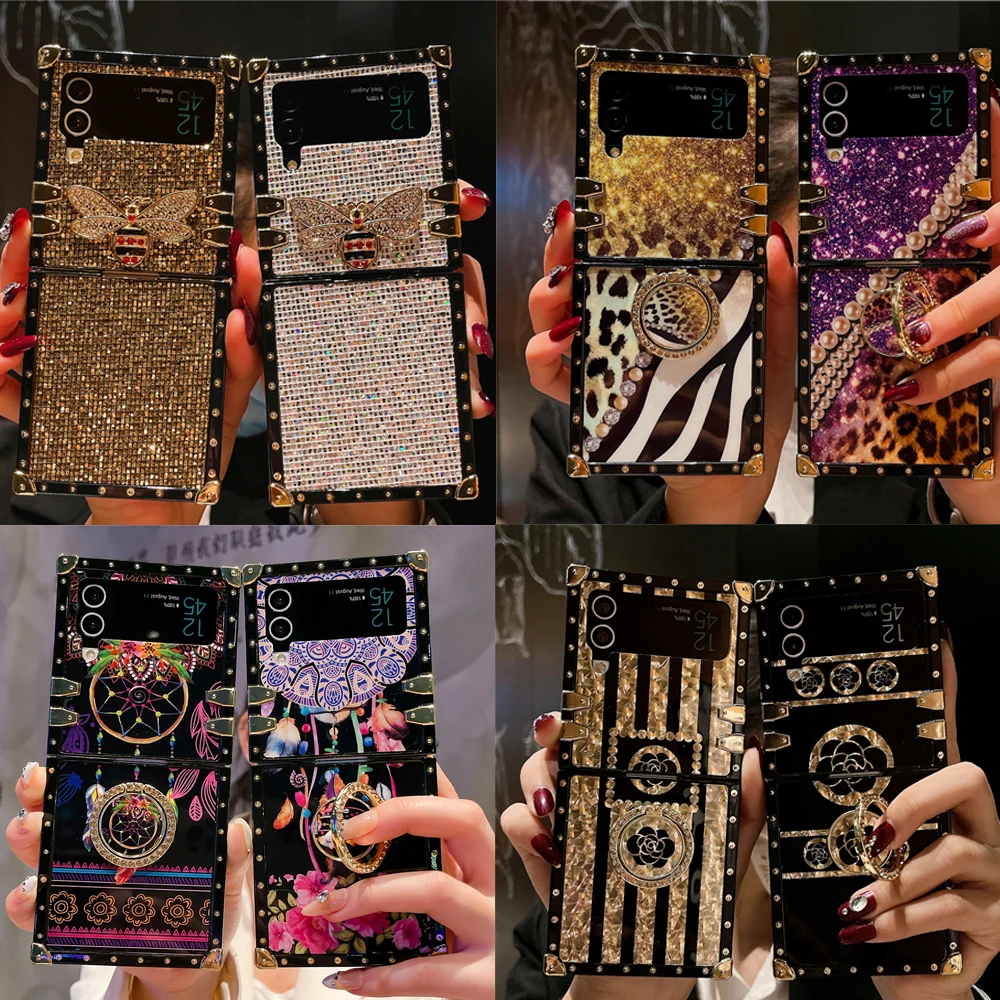 Luxury Glitter Rose Flower Lip Diamond Bee Cover Per Samsung Z Flip 5 Flip 3 Custodia Quadrata Leopardata Per Samsung Galaxy Z Flip 4