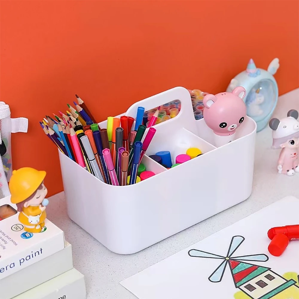 Desktop Marker Holder Art Supply Storage Box Cosmetic Plastic Storage Basket With Handle Pencil Pen Stationery Case pencil case pen holder desk organizer pen and brush holder desk storage rack