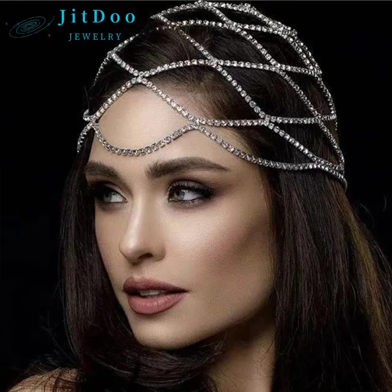 

JitDoo Vintage Mesh Sparkly Rhinestones Forehead Jewelry for Women Wedding Headdress Bridal Birthday Party Hair Accessories