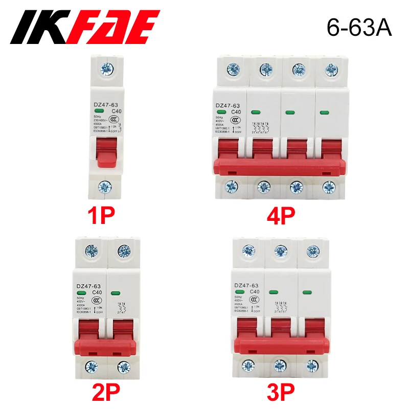 Mini disyuntor de carril Din 1P 2P 3P 4P AC 400V MCB 6A 10A 16A 20A 25A 32A 40A 50A 63A interruptor de aire de circuito doméstico DZ47-63