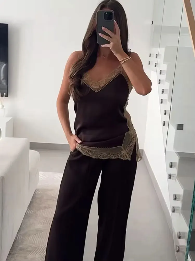 HH Women Fashion Lace Patchwork Skirts Sets Sexy Backless Camisole Tank Tops Slim Midi Skirt Summer Evening Club Party Outfits