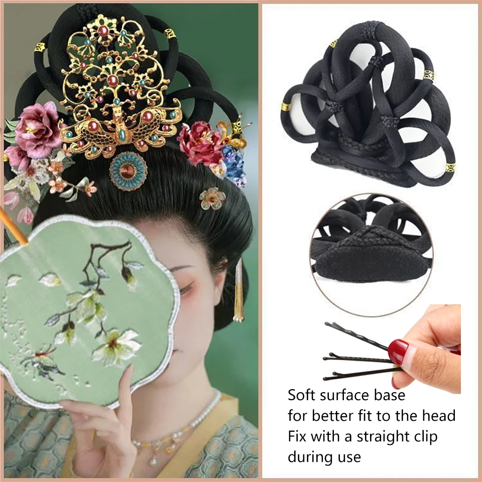 Hanfu 가발 고대 의상 중국 전통 머리띠 chignon 공주 머리 묶음 코스프레 빈티지 가발 여성용 합성 머리