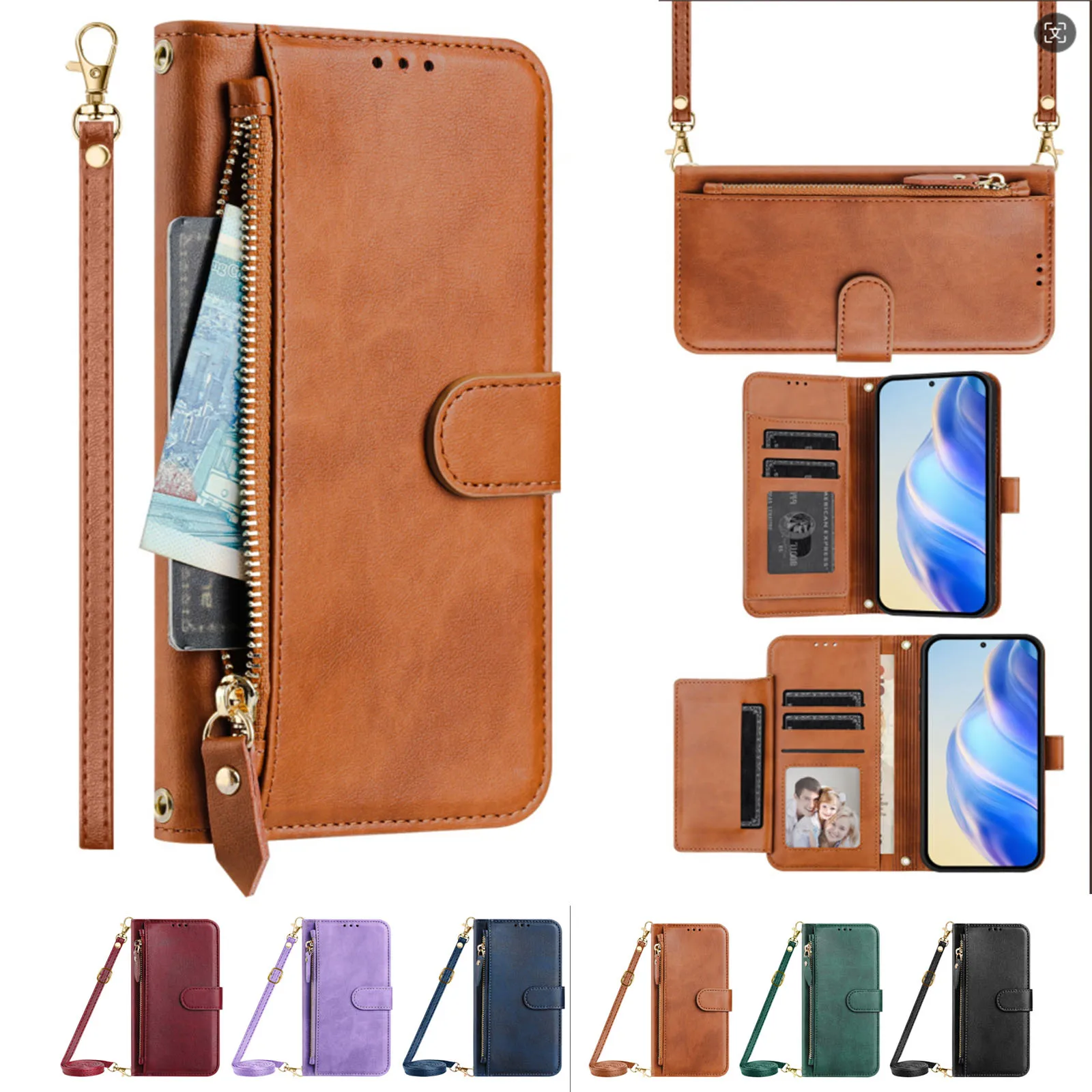 Crossbody Leather Zipper Shoulder Wallet Case with 7 Card Slots