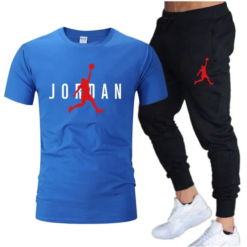 Summer Men's Tracksuit Suit Short Sleeve T-Shirt + Trousers 2-Piece Sets Fitness Jogging Sports Pants Sportswear Suit