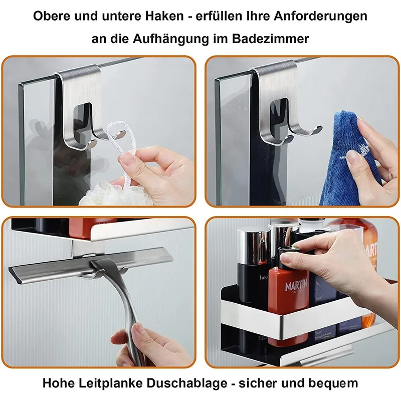 No-Drill Bathroom Shelves with Hook Glass Door Storage Basket Shower Support Steel Shelf Shelves Storage Unit For Bathroom 4