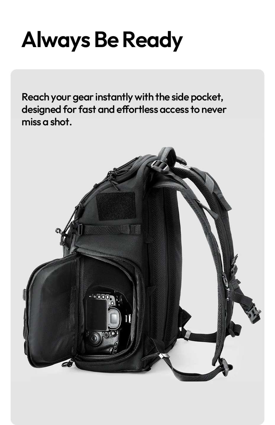 Tactical Camera Backpack 28L with Side Pockets Dividers U-Shaped Opening Foldabl