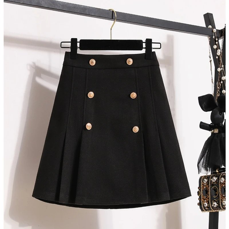 Korean Retro Skirts Women Autumn and Winter High Waist Short Pleated Skirts Office Lady A-line Slim Solid Color Skirt Female