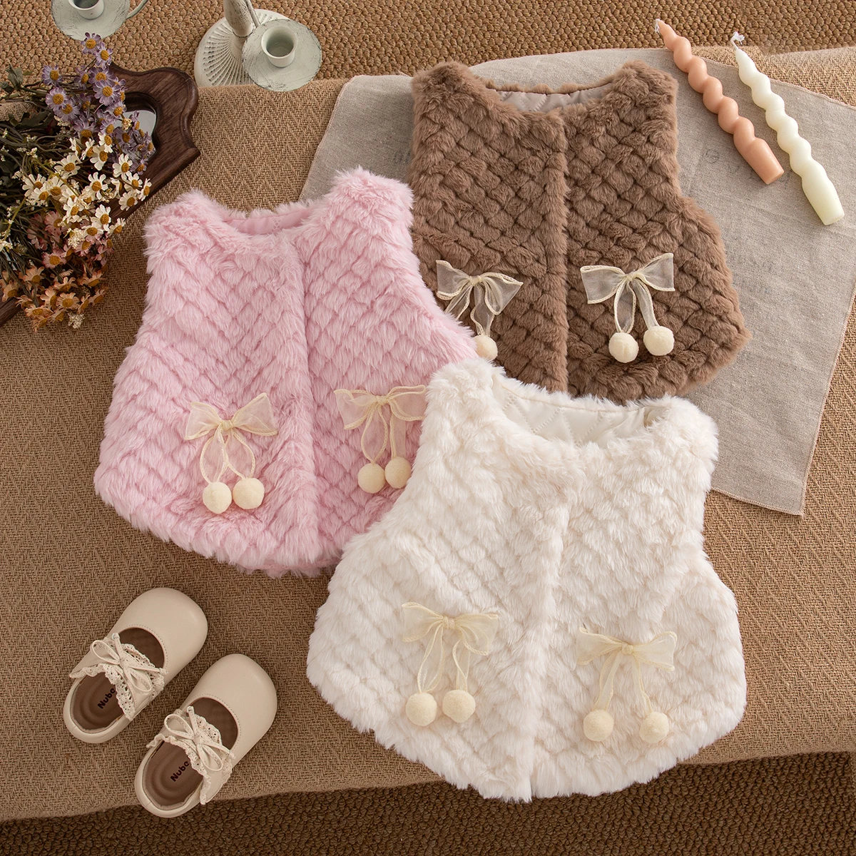 Baby Girl Vest Jacket Autumn And Winter Cotton Solid Color Bow Baby Girl Vest Cute And Plush Warm Girl Tops Baby Clothing