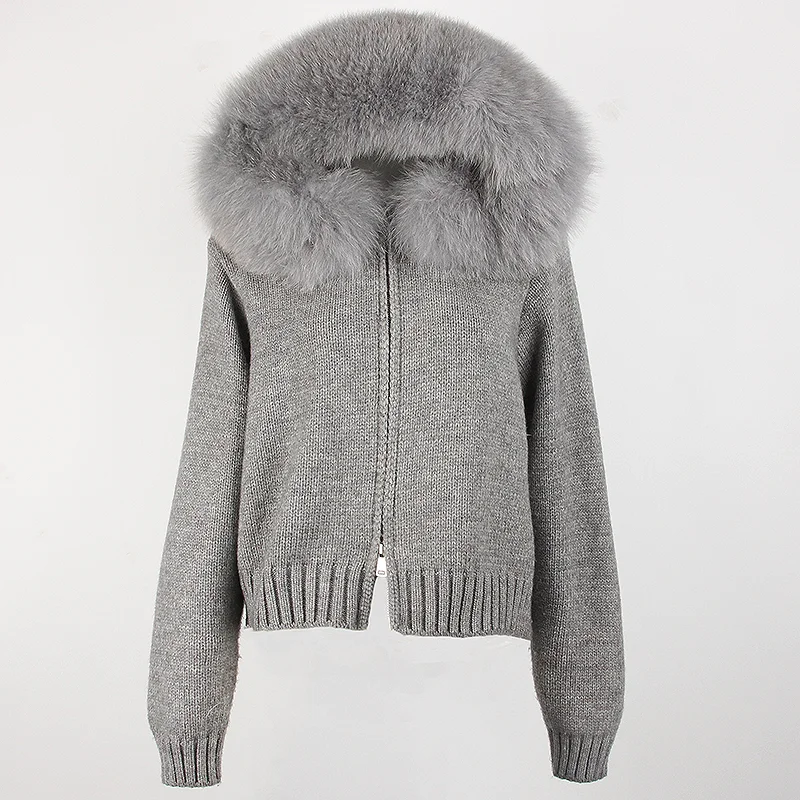 DEBAIFUR 2024 New Autumn Winter Casual Hooded Real Fox Fur Collar with Solid Color Sweater Women's Real Fur Coat Zipper Warm Top