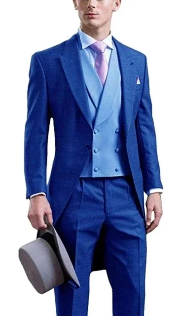 

Blue New Arrival Elegant Men Suit Tuxedo Stage Show Prom Slim Fit Blazers Hombre High Quality Custom 3 Piece Set Costume Homme