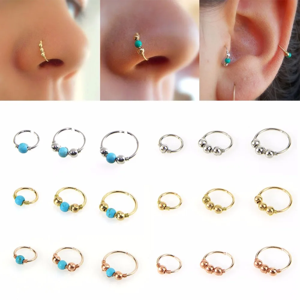 Retro Round Beads Nose Ring Earrings Nostril Hoop Body Piercing Jewelry 6mm/8mm/10mm 3Pcs/Set hoop earrings piercing jewelry nose rings body piercing jewelry body jewelry ear piercing jewelry body piercing earrings