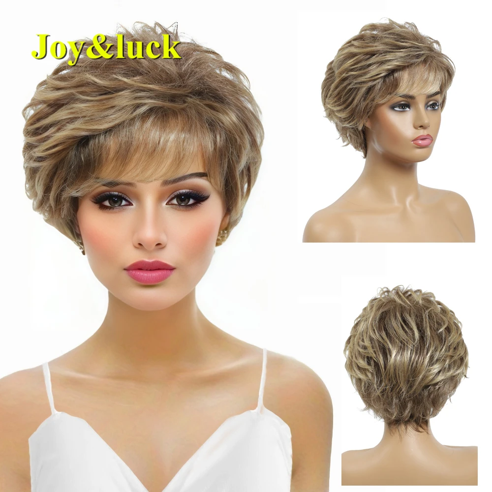 Joy&luck Short Wig Brown Mix Blonde Color Curly Synthetic Wigs For Women Full Wigs With Bangs Hiar Wigs shine ombre blonde wig with bangs full machine made synthetic body wave wig heat temperature fiber wig 30 inch none lace wig