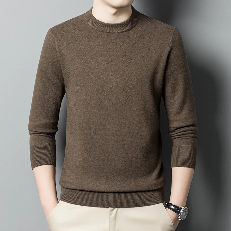 

Thicken Warm Woolen Sweater/Brand Men's Winter Round Neck Solid Color Slim Business Casual Diamond Shaped Lattice Knit Pullovers
