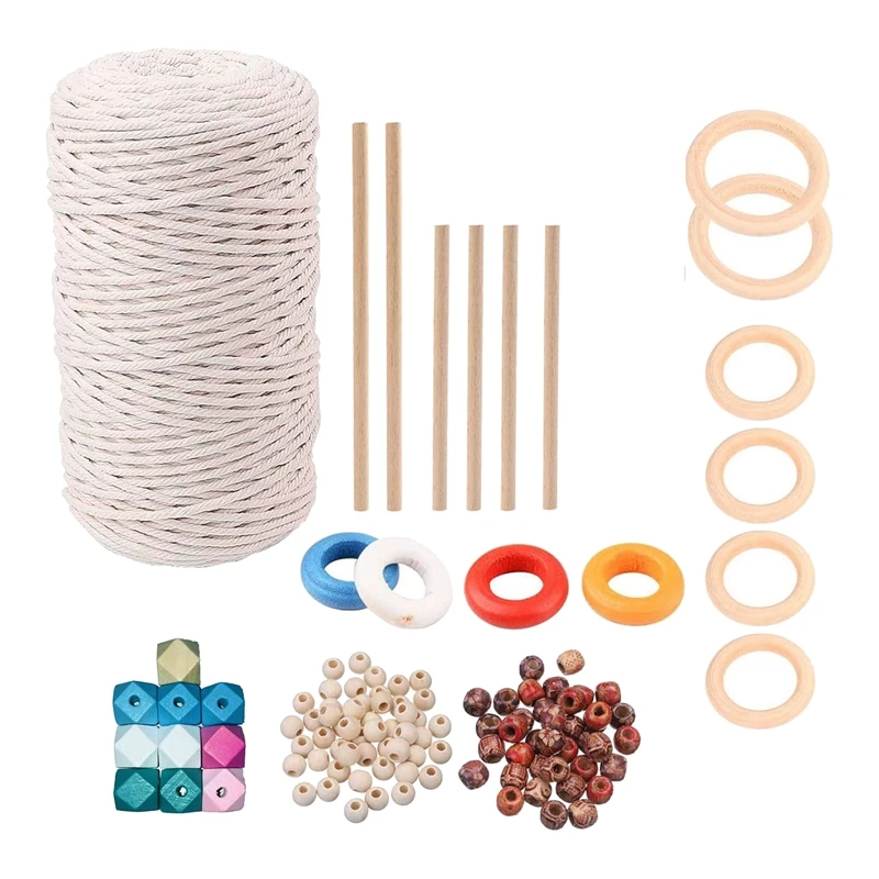 

2023 Hot-Macrame Kit,3Mm Macrame Cord Colored Wood Beads Wooden Sticks Wooden Rings Kits,Crafts DIY Hangers Macrame Supplies