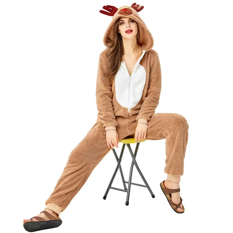 Unisex Adult Christmas Reindeer Costume Girl Women Hooded Cozy Fawn Deer Costume Cosplay Onesie Cartoon Pajamas