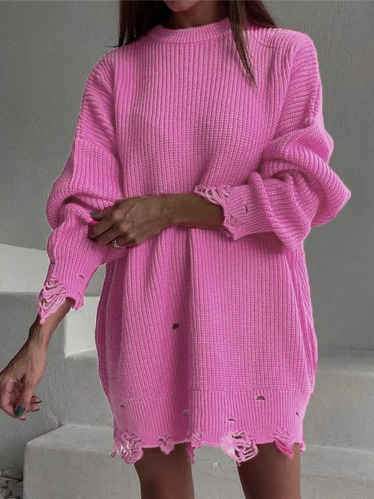 

Loose Solid Color Torn Sweater Mid Length Autumn Popular 2023 Round Neck Pullover Long Sleeved Hem Irregular Knit for Women