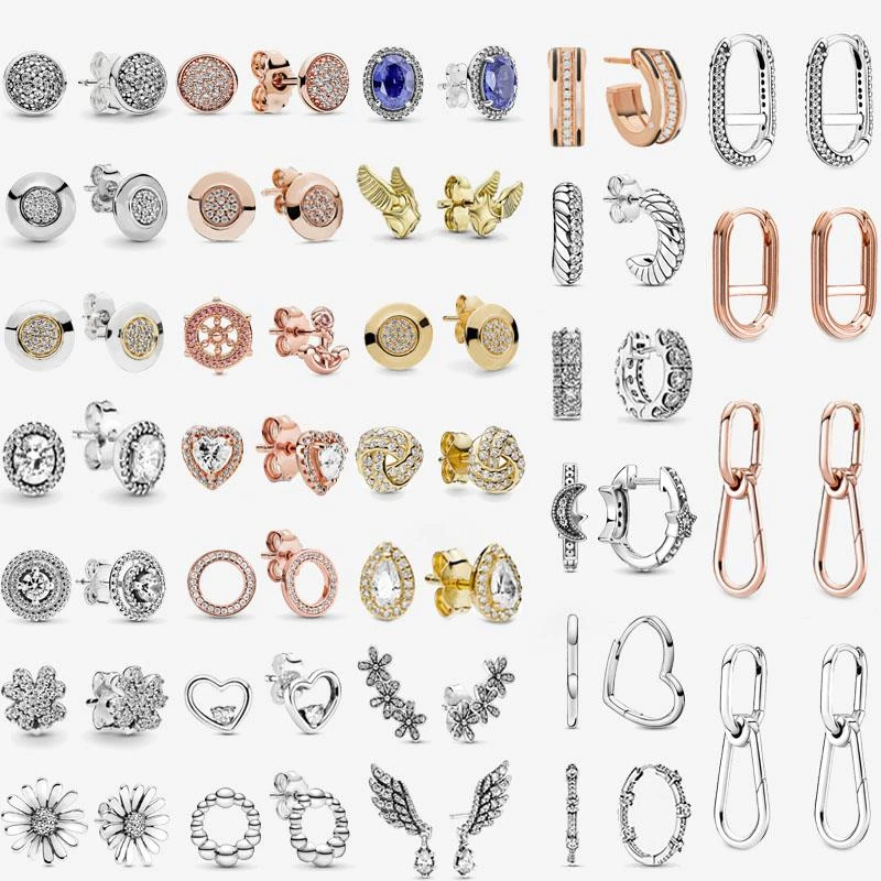 2022 Authentic 925 Sterling Silver Earring Sparkling Star Blue Gem Golden Heart Halo Stud Earrings Women Jewelry BirthdayGift