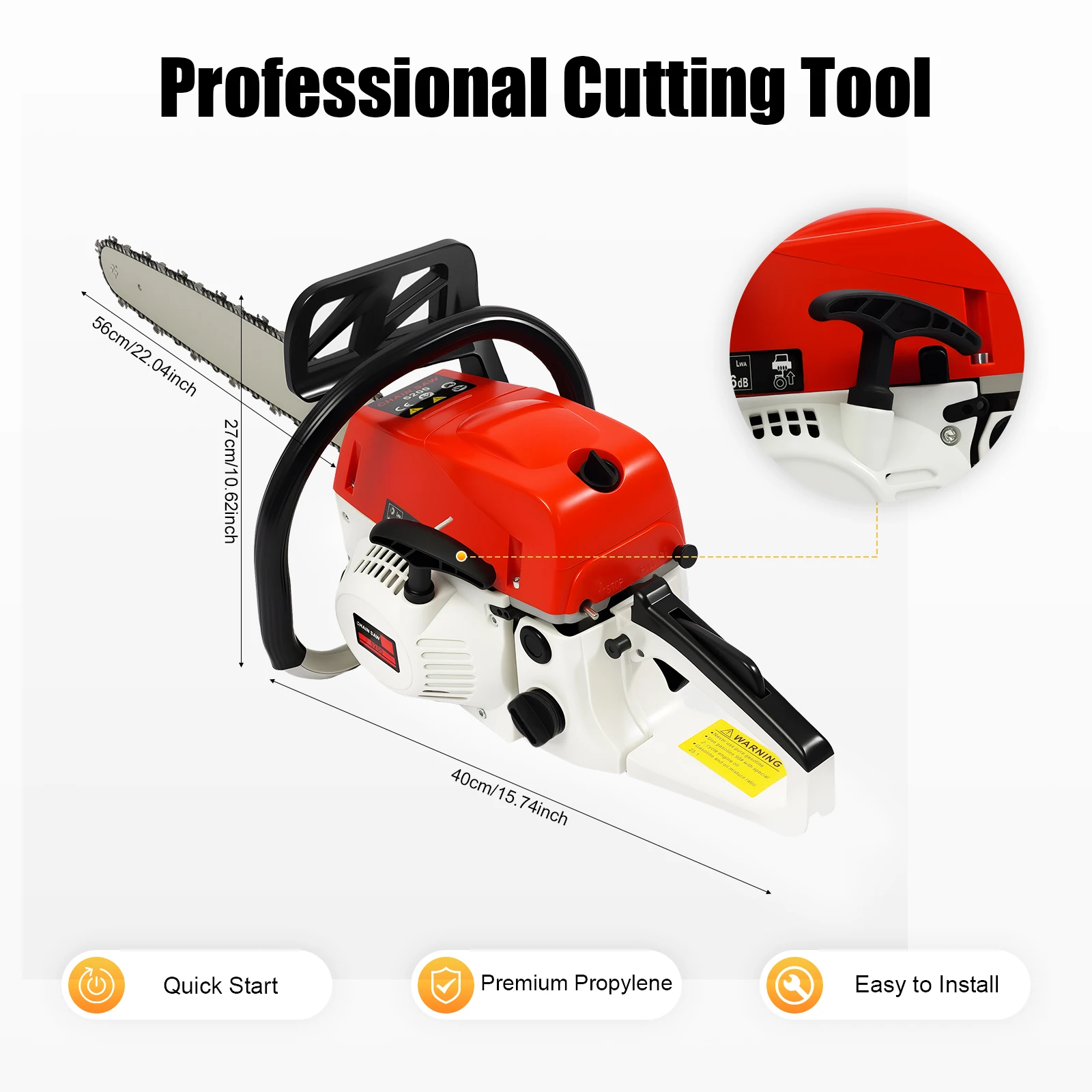 22in 52CC 2KW Gasoline Chainsaw 2-Stroke Engine Gas Powered Chain Saw Handheld Tree Pruning Wood Cutting Tool Set 7500rpm