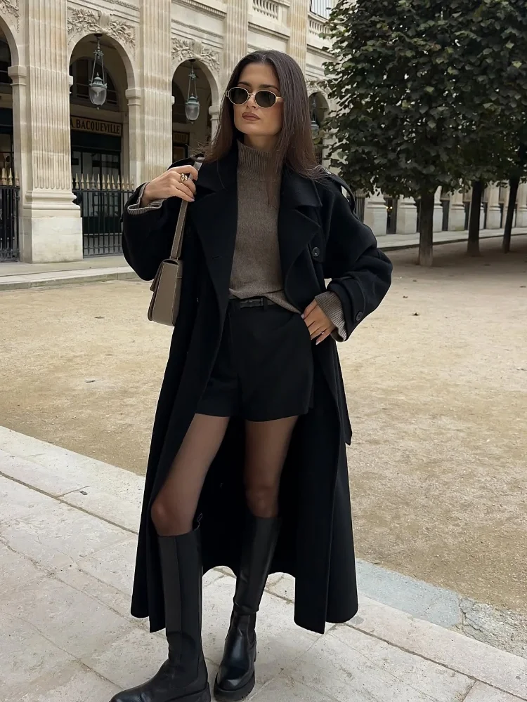 New Classic Black Belted Wool Blends Overcoat For Women Chic Full Sleeve Double Breasted Lapel Long Coat Ladies Loose Streetwear 2