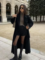 New Classic Black Belted Wool Blends Overcoat For Women Chic Full Sleeve Double Breasted Lapel Long Coat Ladies Loose Streetwear 2