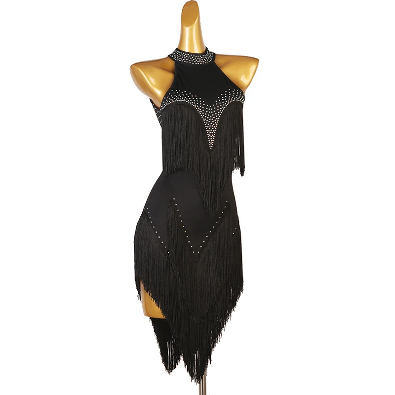 

2024 Latin Dance Competition Women's High-end Custom Pleated Mesh Belt Diamond Samba Performance Clothing BlackPool Dress