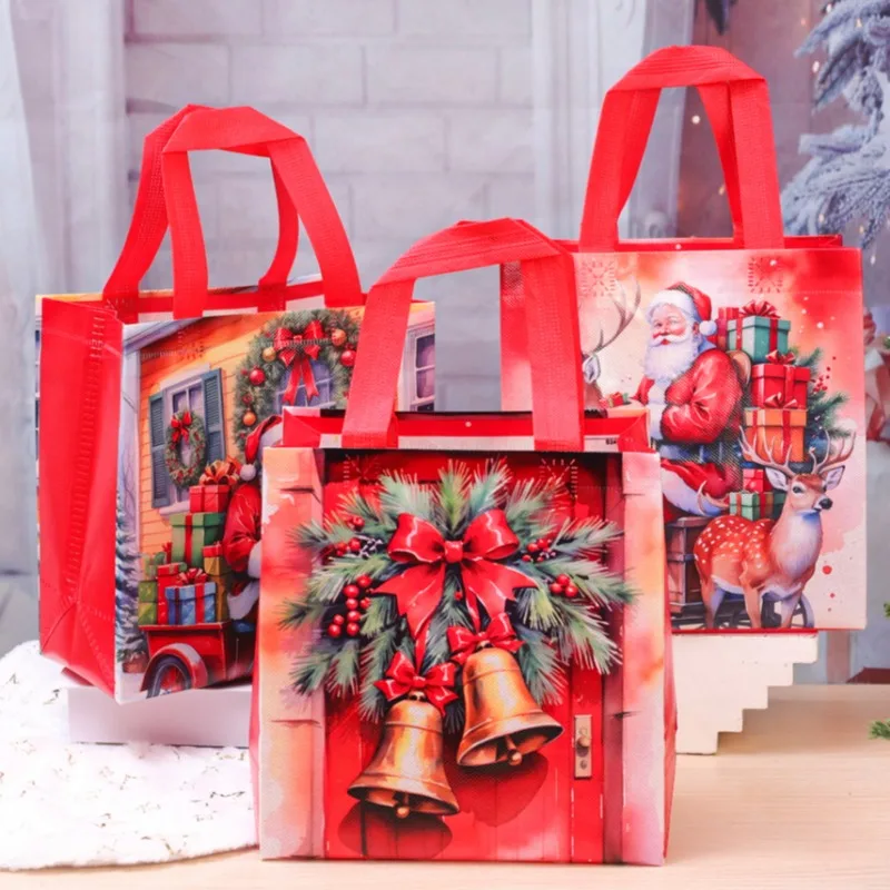 Christmas Santa Claus Big Bag Lightweight Handbag Small Bell Hand-held Bags Festival Celebration Father Christmas Printing Pouch