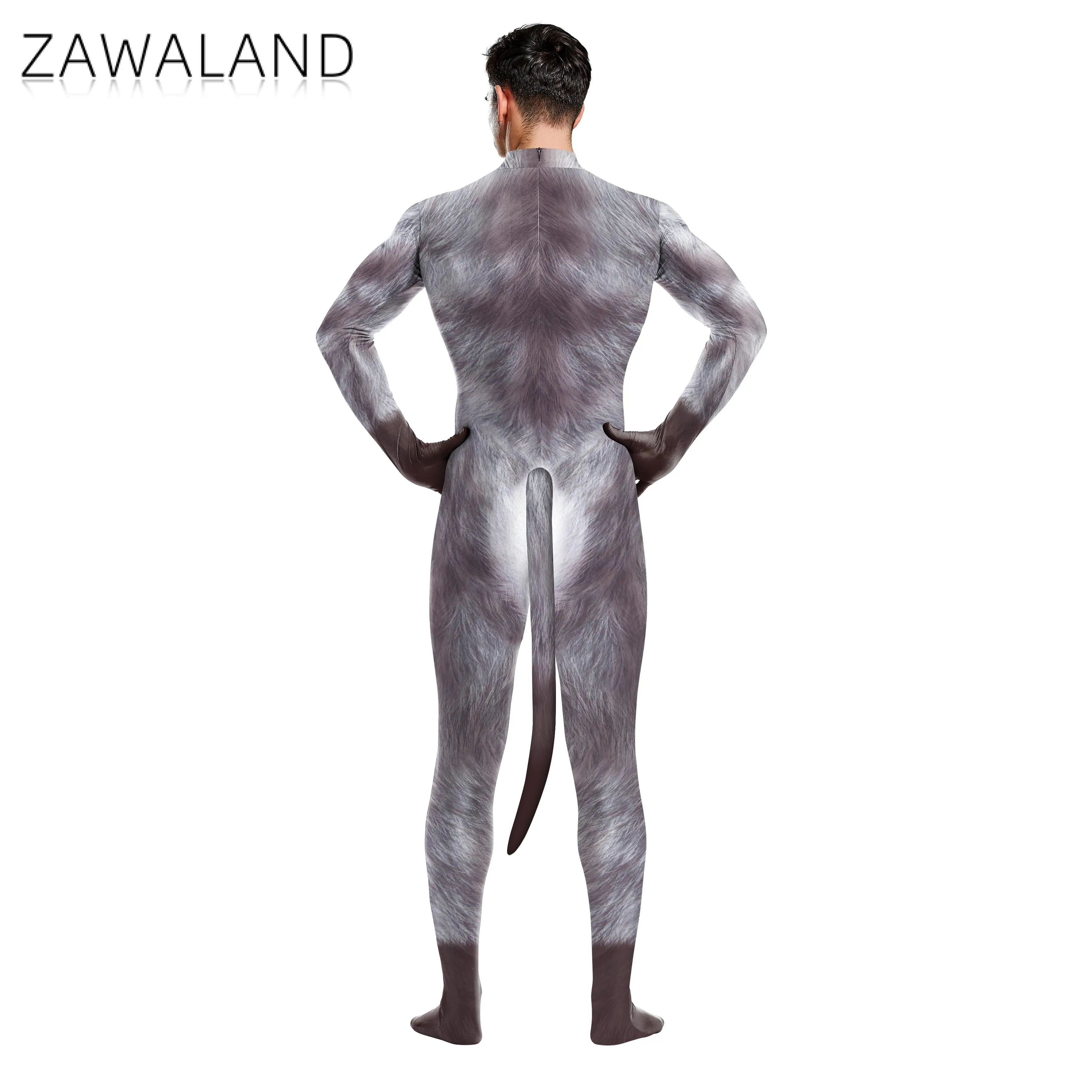 Zawaland Halloween Carnival Cosplay Snow Wolf 3D Printed Jumpsuit Long Sleeve Tight Catsuit Costumes Zentai Bodysuit with Tail cosplay costume