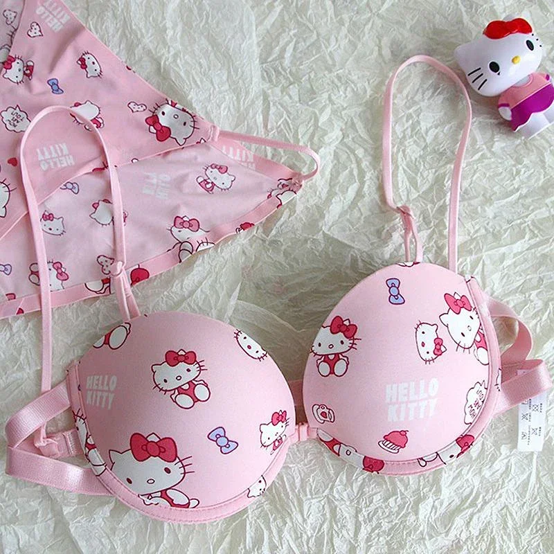 

Комплект нижнего белья Sanrios Hello Kittys, мультяшный бюстгальтер с лямкой через шею и двойными лямками через плечо, большой бюстгальтер, мягкое женское нижнее белье с пуш-ап, трусы