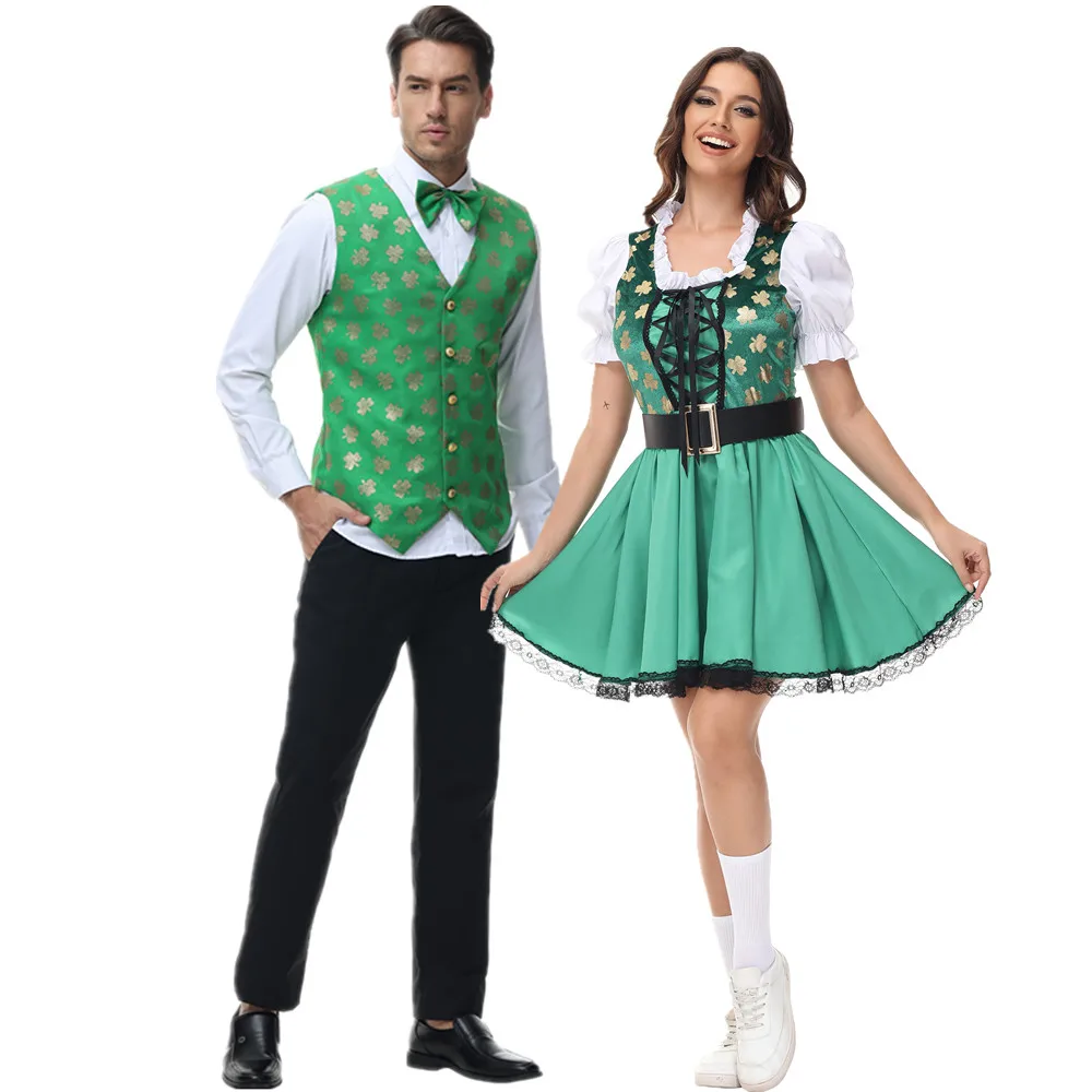 

Halloween St. Patrick's Day Irish Lucky Clover Goblin Couple Costume Germany Oktoberfest Bavarian Beer Girl Maid Cosplay Dress