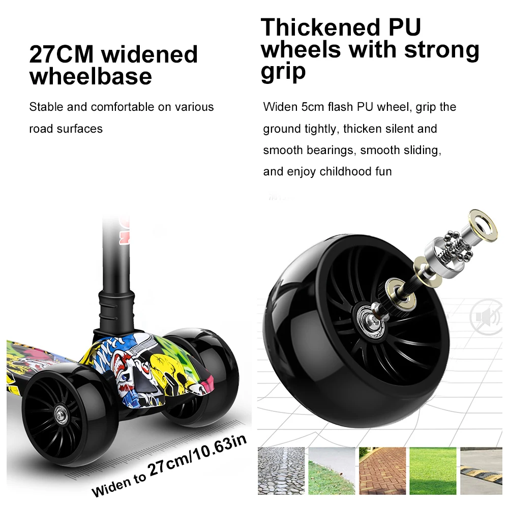 Foldable Kick Scooter Light-Up Wheels 3 Wheel Scooter Adjustable Height Kids Push Non-Slip Deck for Children Ages 2-10