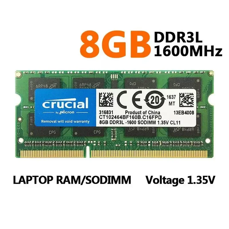 Laptop Memory Module Laptop Ram Memory Notebook Ram Memory Crucial RAM DDR3 DDR3L 8GB 1600MHz SODIMM Ram PC-12800 1.35V 204Pin for Laptop Notebook Memory