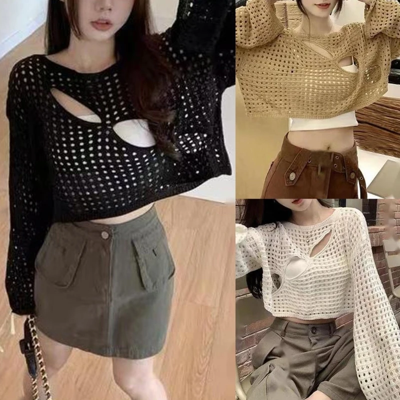 

Women's Long Sleeves Knit Tops Fashion See Through Fishnet Top Hollow out Crochet Crop Top Crew Neck Cover Up Top Gift Dropship